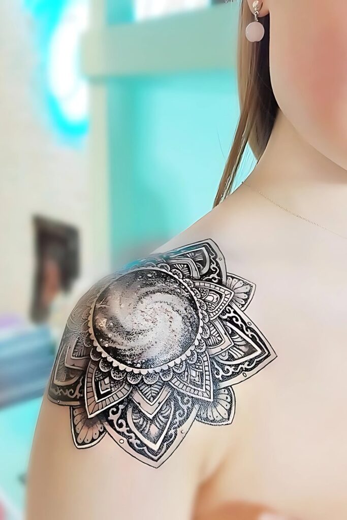 Mandala Shoulder Tattoo: A Symbol of Beauty, Balance, and Meaning Unique Placement Ideas for Mandala Tattoo on Shoulder with milky way galaxy and universal truth