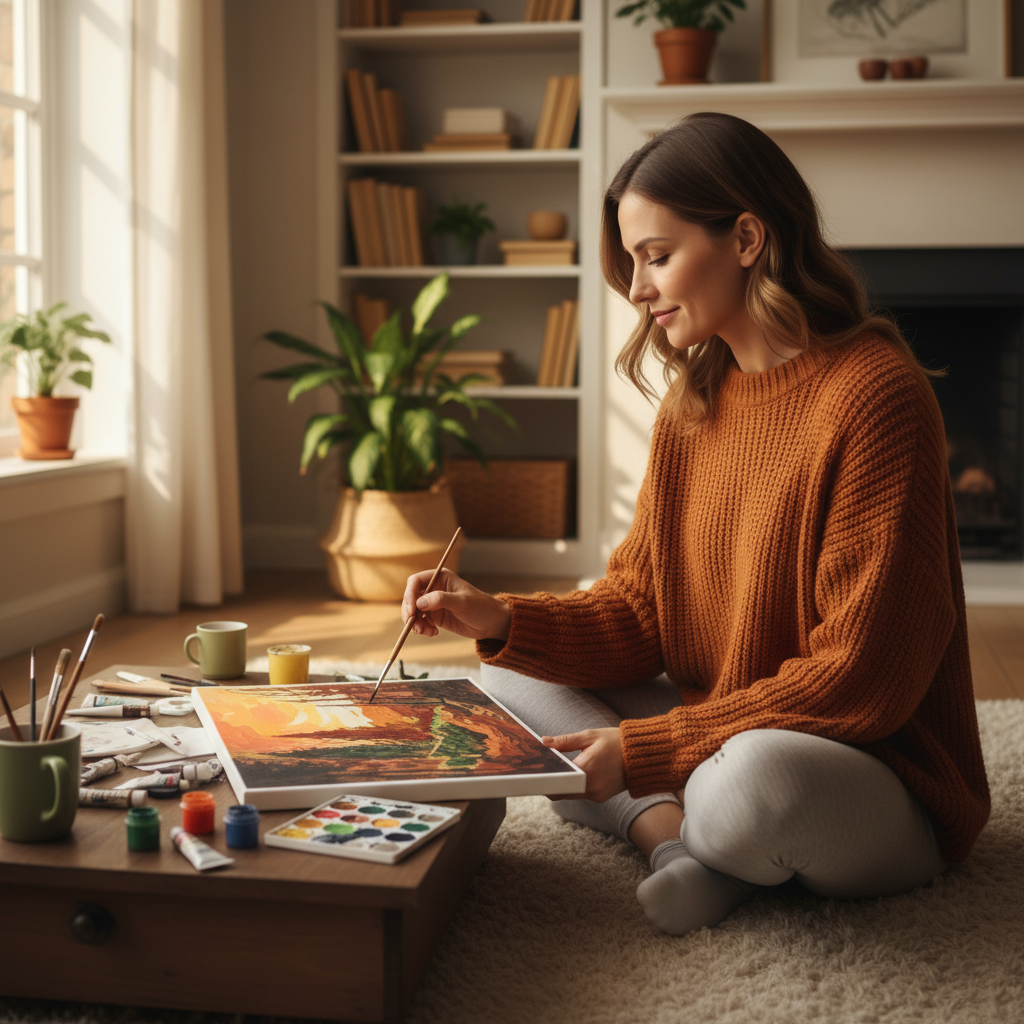 Paint by numbers landscape canvas at a warmly lit wooden desk during a relaxation routine